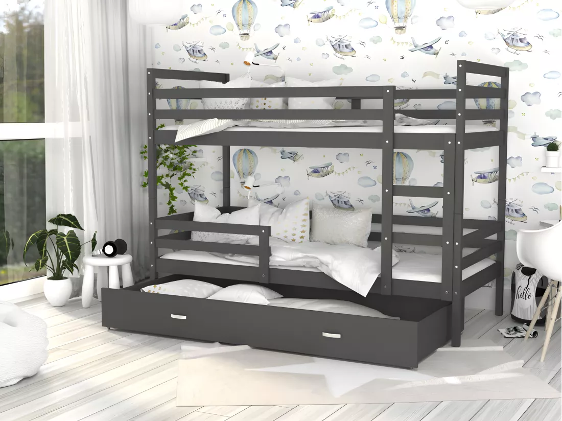 Lit Superposé Malo 90x190 ( Sans Matelas ) Gris - gris Livré avec le sommiers et tiroir.