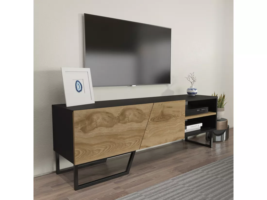 Meuble TV Denasse 150 cm, pied en métal, placards et étagères (Noir et Oud)
