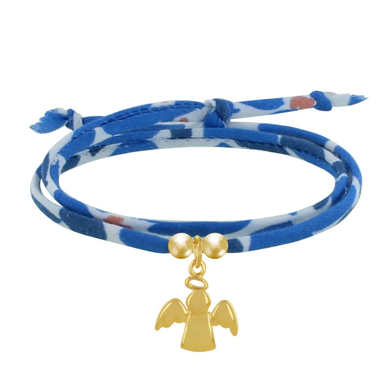 Bracelet Double Tour Lien Coton Bleu et Petit Ange Plaqué Or