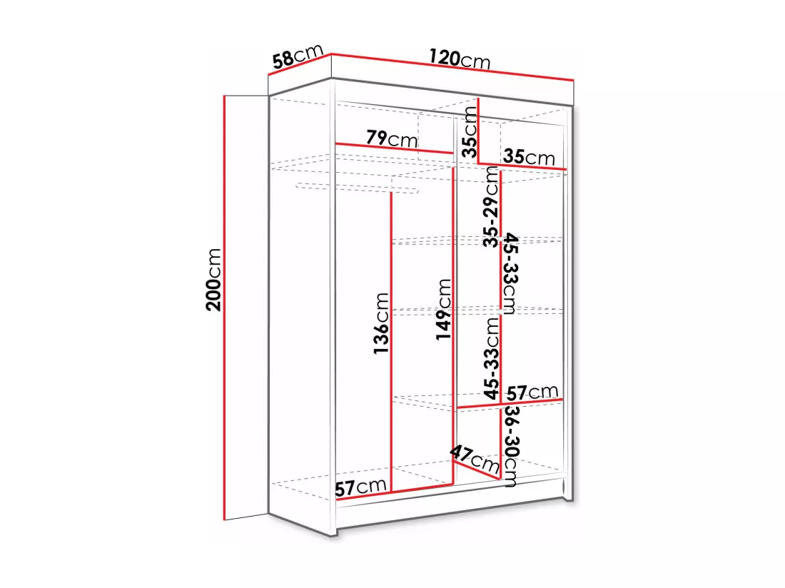 Armoire Closico 129, Blanc, 200x120x58cm, Portes d'armoire: Glissement
