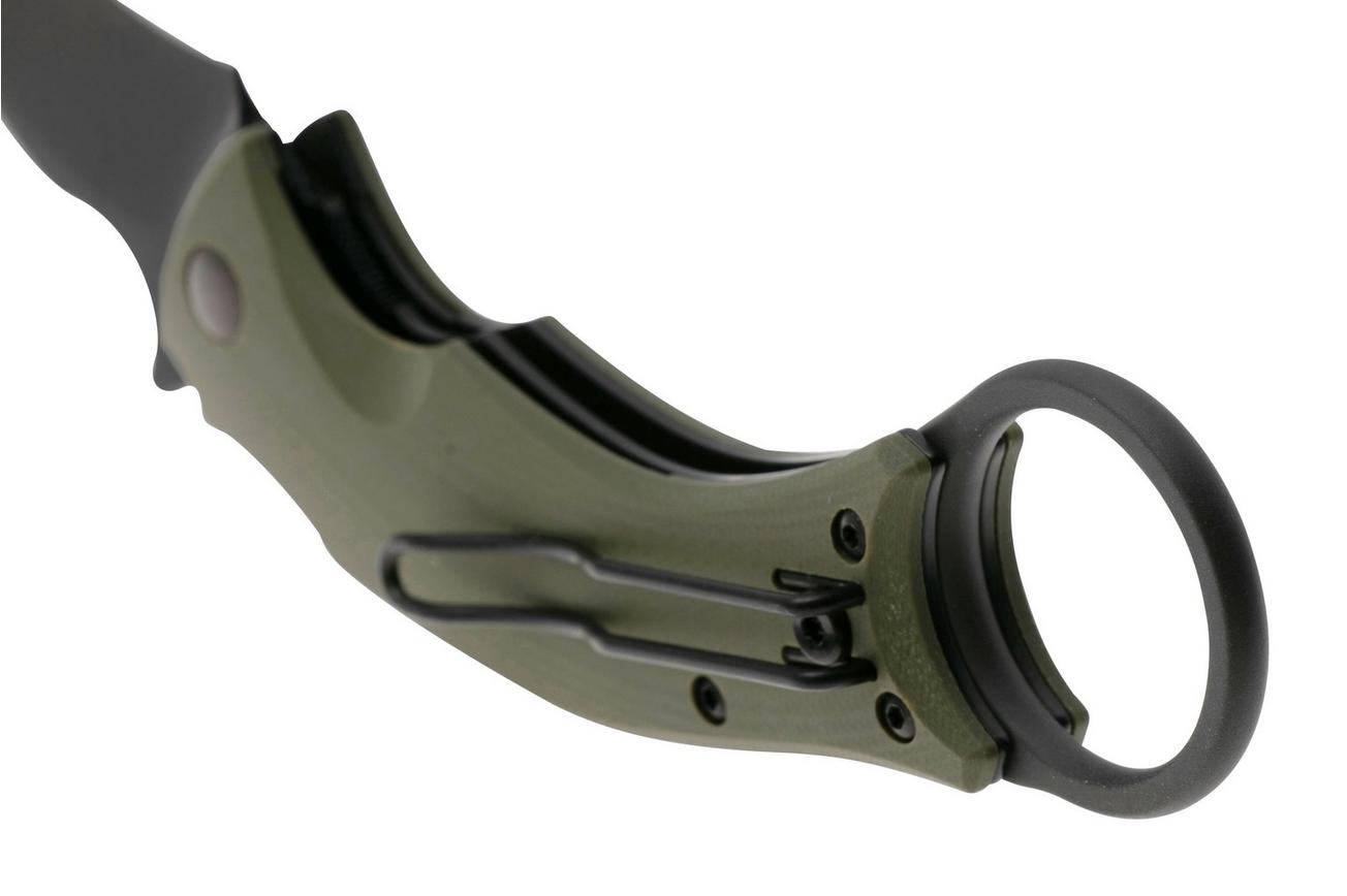 Fox Knives Black Bird FX-591OD Green G10 Black Blade, karambit zakmes, Bastinelli design