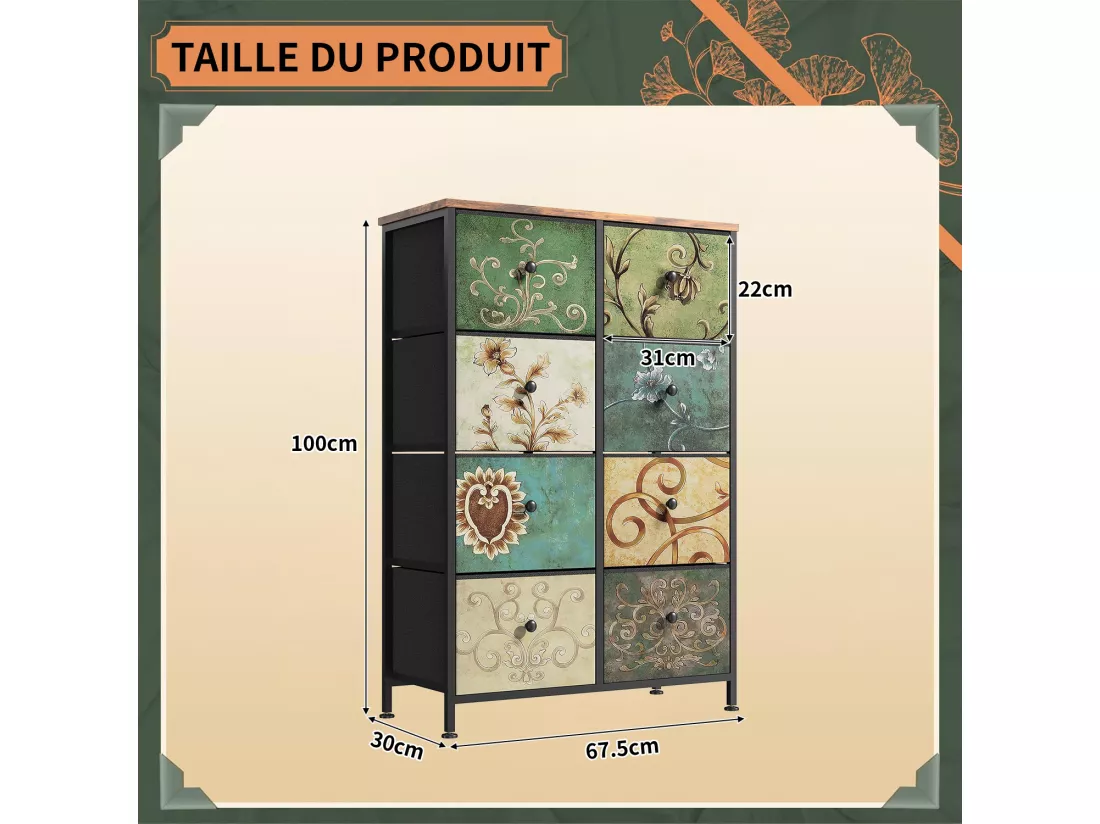 Commode 8 Tiroirs 67.5x30x100cm - Cadre en Métal, Tiroirs avec Poignées en tissu - Motifs Rétros - Noir