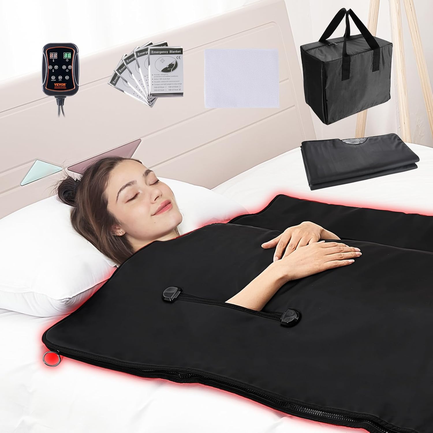 VEVOR 560W Infrarot Saunadecke 1800x900mm Sauna Blanket 1-6 Stufen (35°C-85°C) Infrarotdecke 40-Minuten-Fettverbrennung Heizdecke 5-Schicht-Sicherheitsmaterialien Heizmatte Körper Abnehmen Fitness