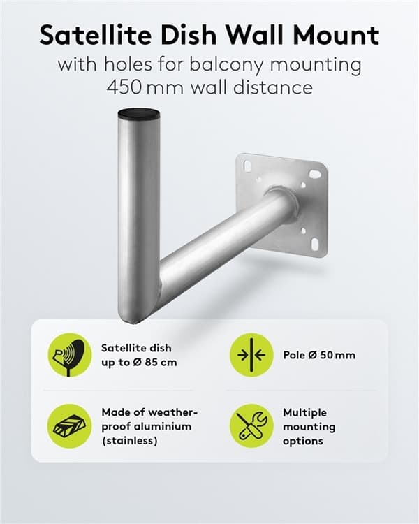 Goobay Veggbrakett i aluminium for parabolantenne, avstand til vegg 450 mm Veggbrakett av høy kvalitet for parabolantenne laget av rustfritt og værbes