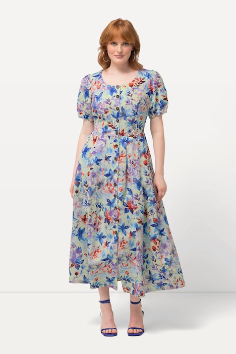 Midikleid, Blätter, Rundhals, Puff-Halbarm, Leinenmix