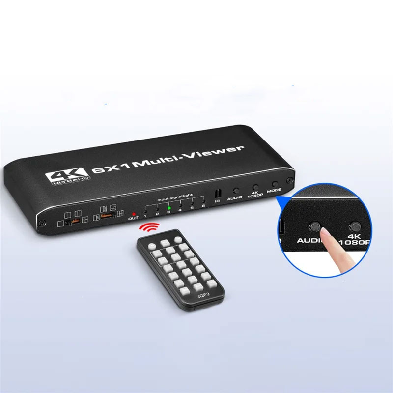6-fach HDMI 4K Multiviewer Umschaltbox Seamless Video Switch mit Split Screen Konverter 6 x Input / 1 x Output mit Fernbedienung   Netzteil - Schwarz