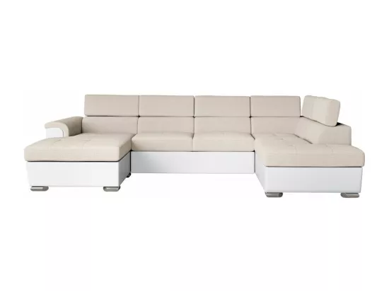 Canapé panoramique PAOLA convertible 2 coffres en tissu Easy Clean antitache et simili- Beige/Blanc