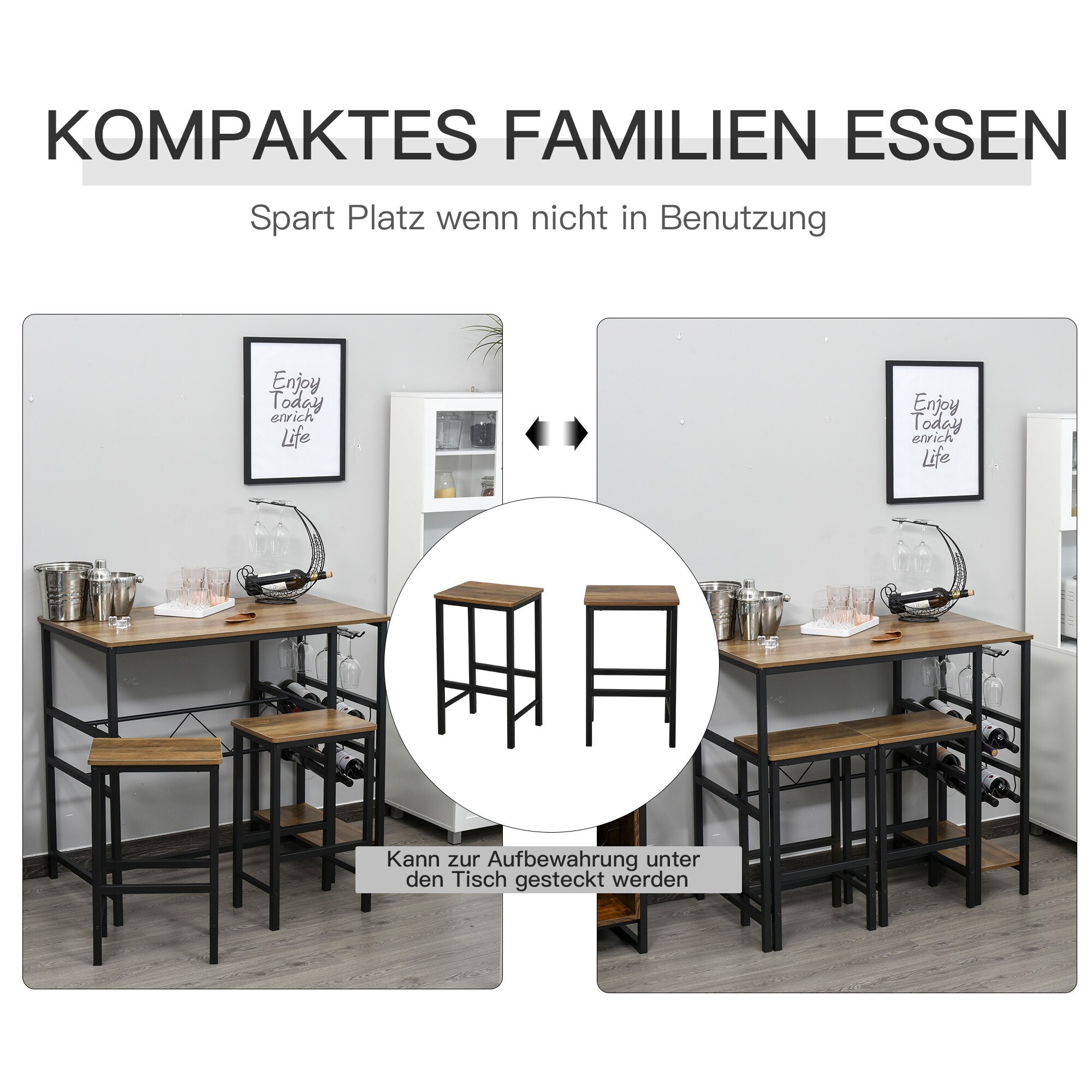 HOMCOM Bartisch-Set mit 2 Barhockern natur, schwarz