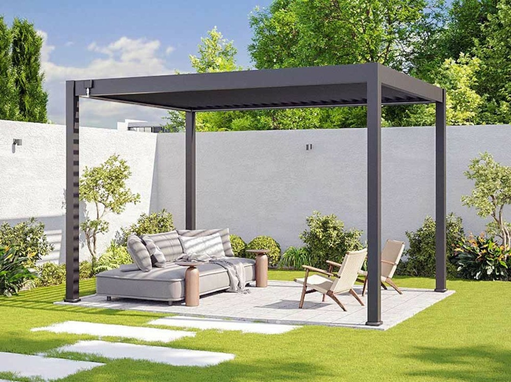 Pergola bioclimatique 3x4m - eclipse 12m² - gris - autoportee - aluminium - lames en acier galvanisé - lames orientables de 0 à 120°
