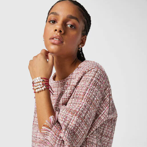Pulseira TOUS Pearls com cordão fúcsia, prata e pérolas