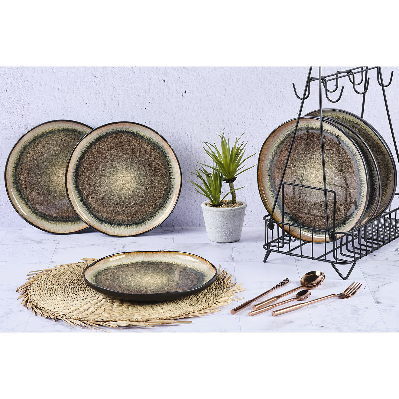 Bjorn 6 Assiettes plates en Grès Iris beige/marron - D.26 cm