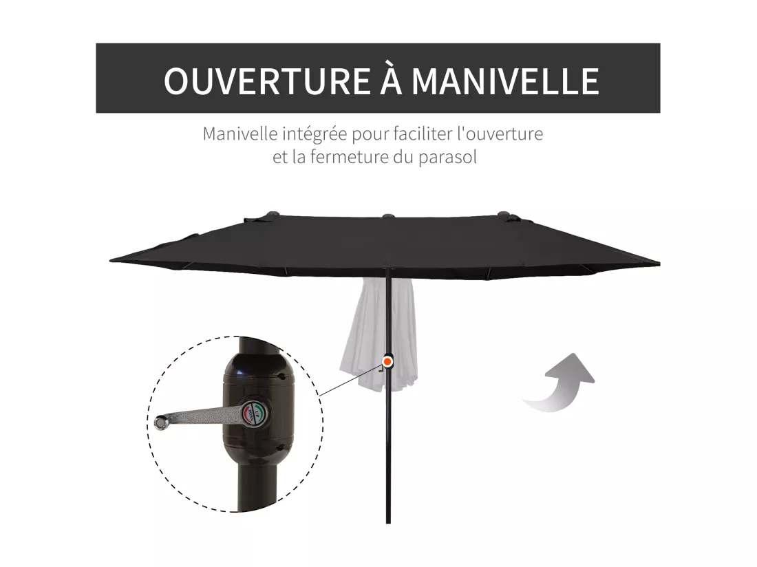 Parasol de jardin XXL parasol grande taille 4,6L x 2,7l x 2,4H m ouverture fermeture manivelle acier polyester haute densité noir