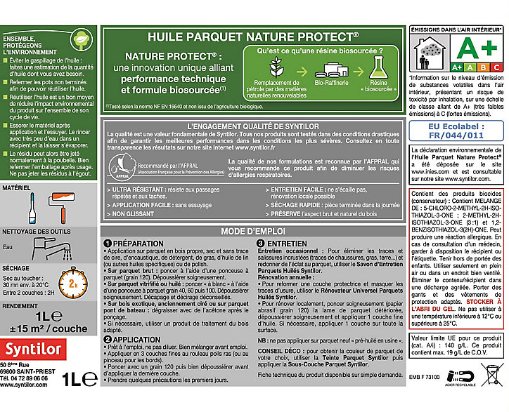 Huile Parquet Syntilor biosourcée Nature Protect naturel 1L