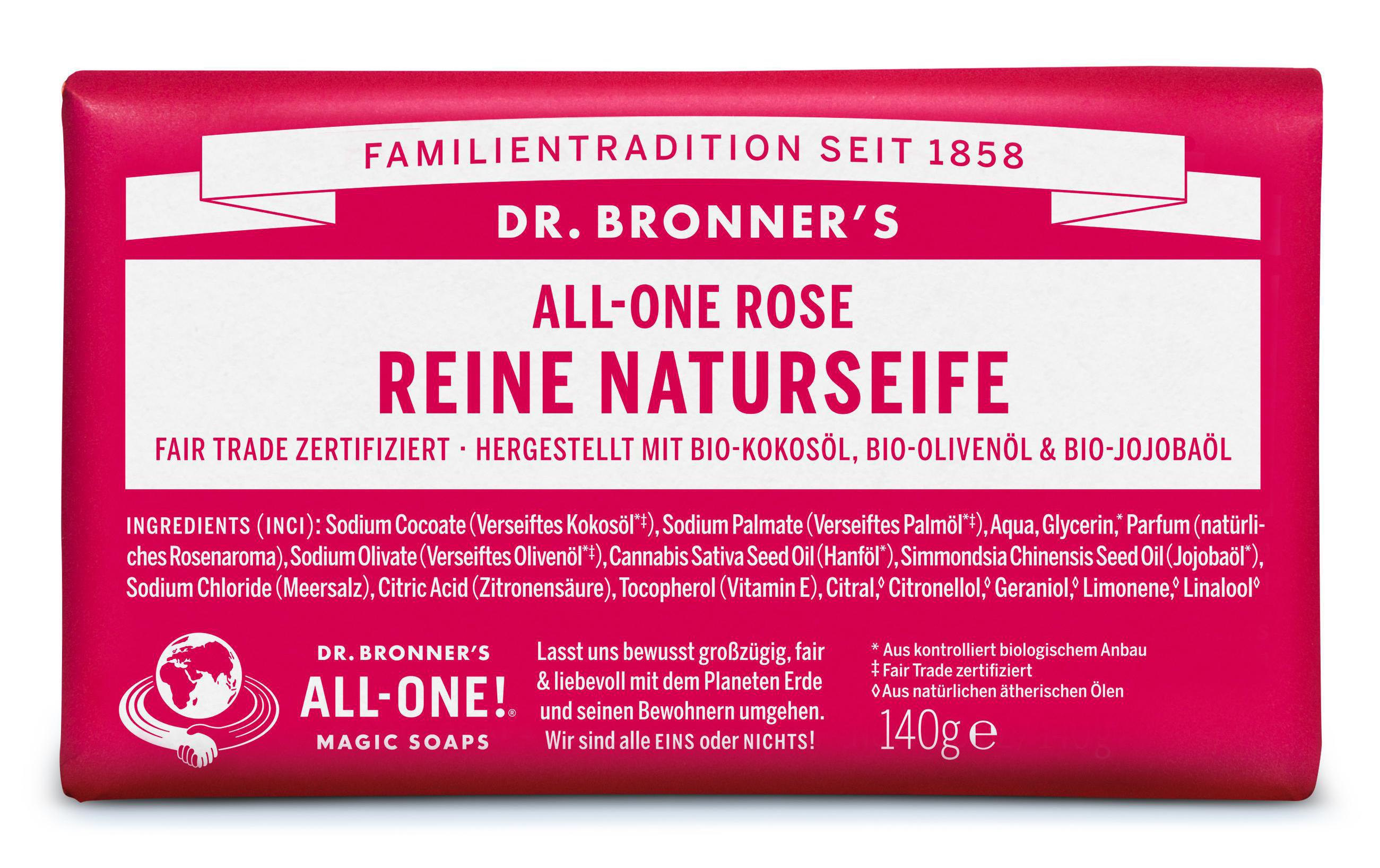 Seife All-One Bar Rose 140 gNatürliche Fair Trade Pflegeseife mit Bio Kokosnussöl und blumigem Rosenduft