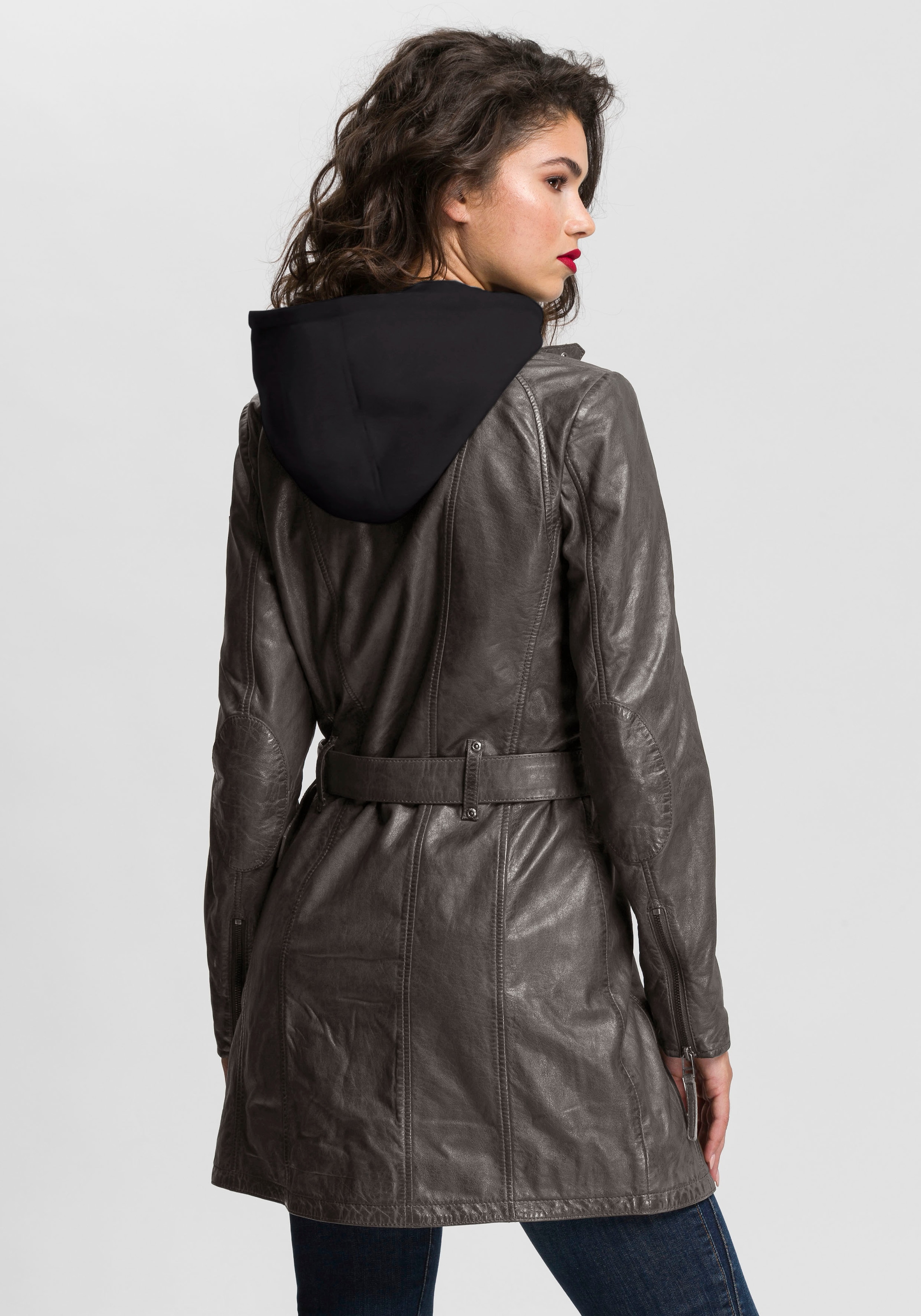Mauritius Ledermantel »BENTE2«, lange Lederjacke mit Gürtel & abnehmbarem Kapuzen-Inlay