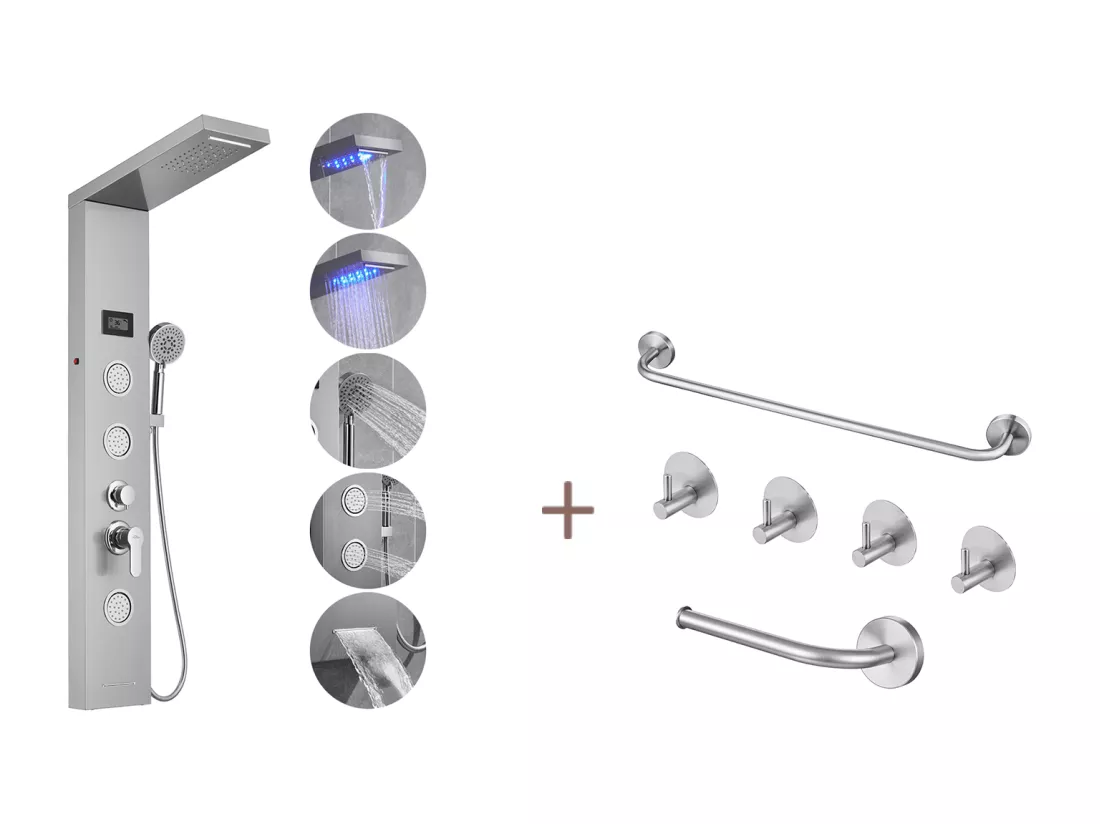 Auralum MAX Panneau Douche LED LCD Indicateur de température,en Inox Brossé avec 3 Jets Massage+Ensemble Salle Bain Accessoire 6 Pièces,Inox,Brossé