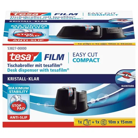tesa Tischabroller easy cut Compact, schwarz inkl. 1 Rolle tesafilm kristall-klar 10mx15mm