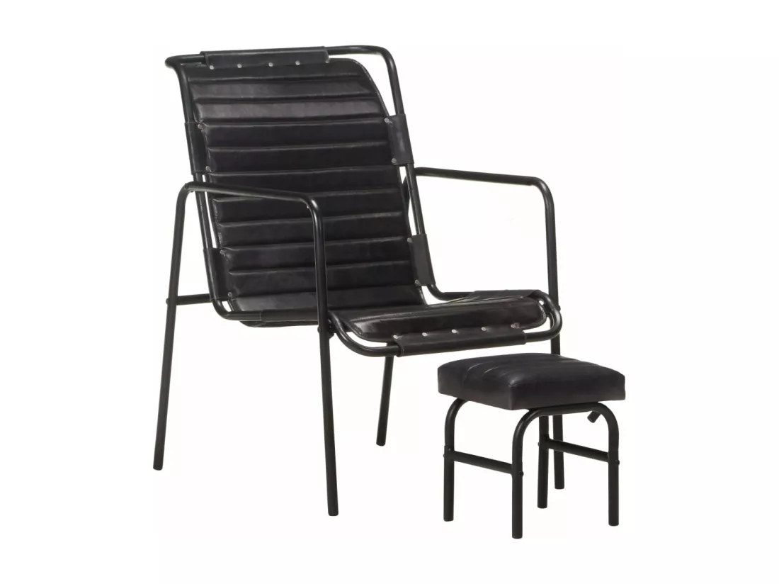 Fauteuil de relaxation avec repose-pied Noir Cuir véritable