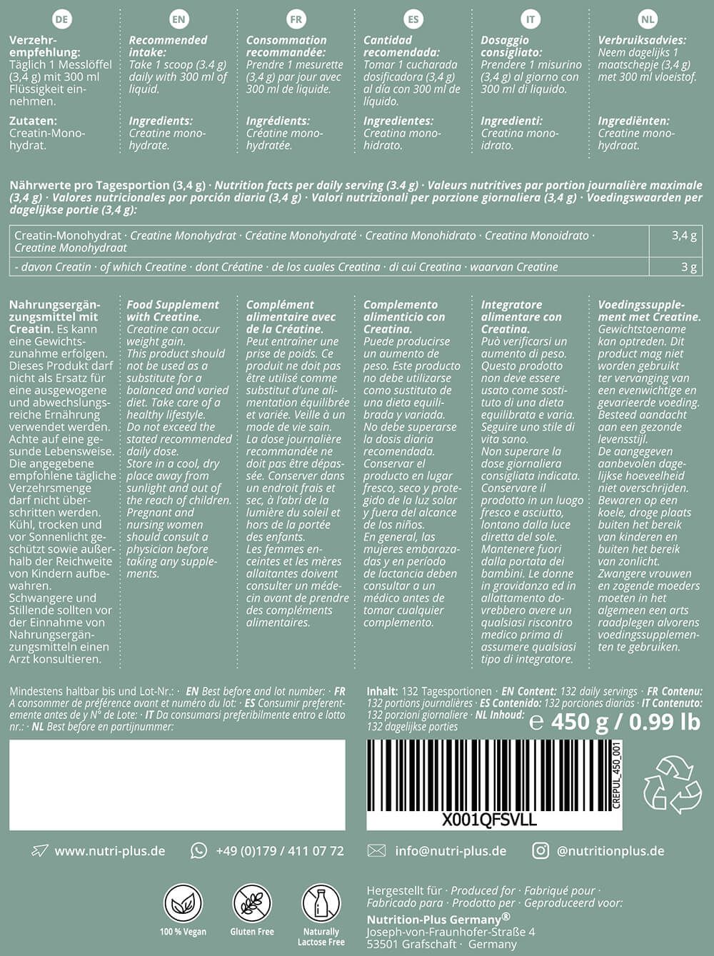 nutri+ Kreatin Monohydrat Pulver - 450g Creatin