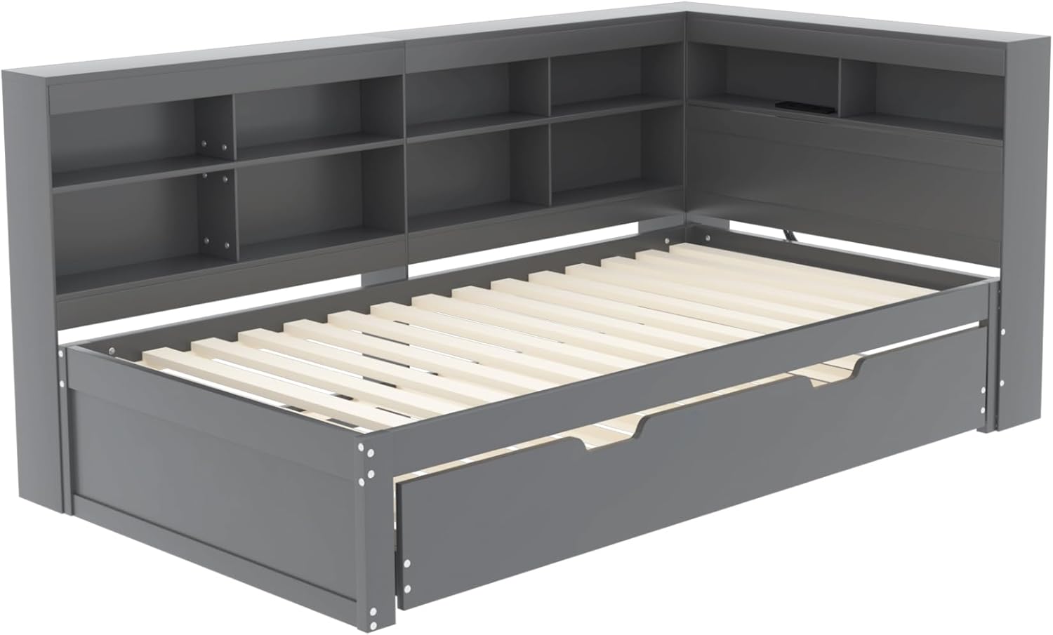Schlafsofa 90x200, Ausziehbares Bett 90x190 mit USB-Steckdose und Mehreren Ablagefächern, Massivholzbett, Einzelbett, Holz-Multifunktionsbett (Grau)