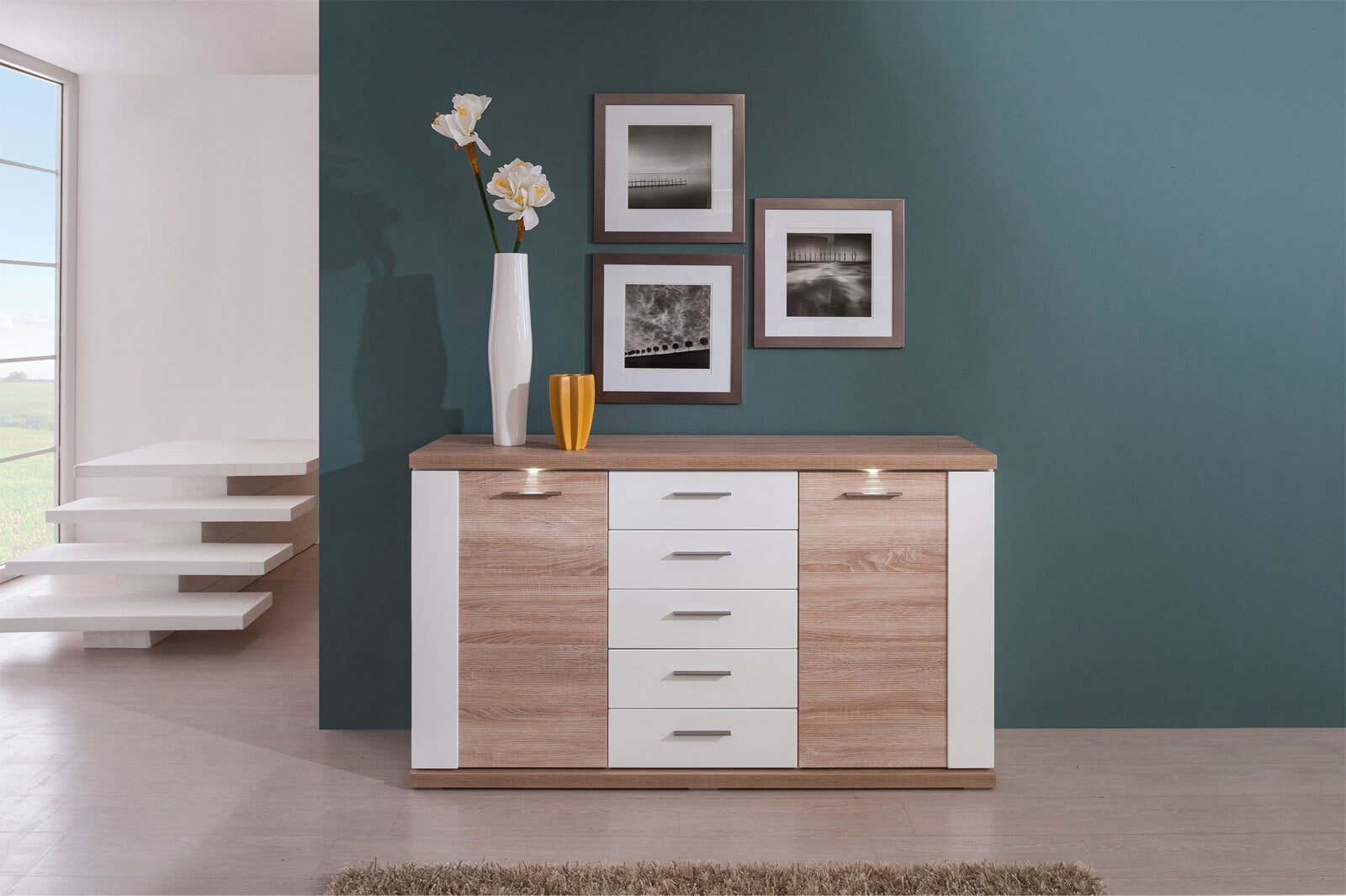 Sideboard Manhattan Weiß Arctic Hochglanz/Eiche Sägerau-Dekor