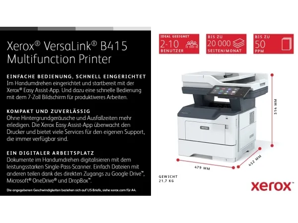 Xerox VersaLink B415V_DN - Multifunktionsprinter - S/H - laser - Legal (216 x 356 mm) (original) - Legal (medie) - op til 50 spm (kopiering) - op til 50 spm (udskriver) - 650 ark - 33.6 Kbps - Gigabit LAN, USB 2.0, USB vært, NFC - Green World Allianc