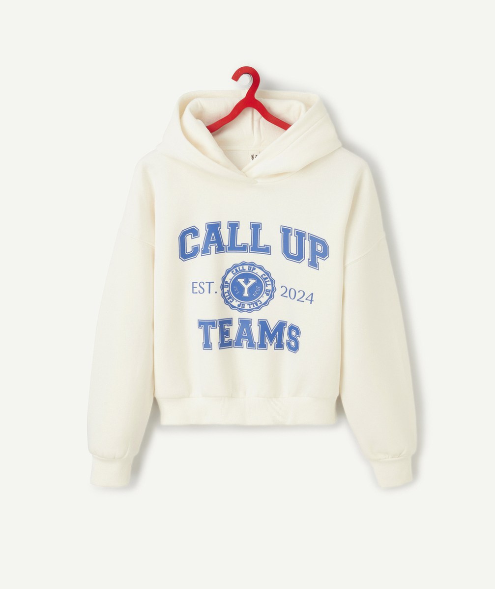 SWEAT À CAPUCHE FILLE EN FIBRES RECYCLÉES BLANC THÈME CAMPUS
