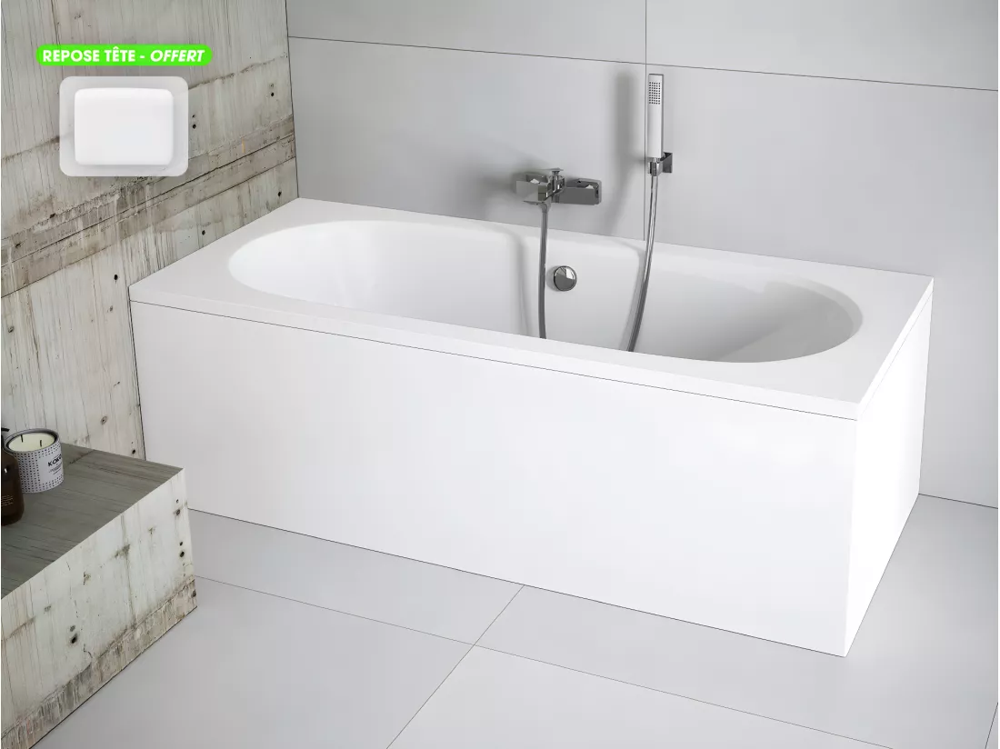 Baignoire rectangulaire - avec Tablier Blanc et Repose Tête OFFERT | VITAE | 170 x 75 cm