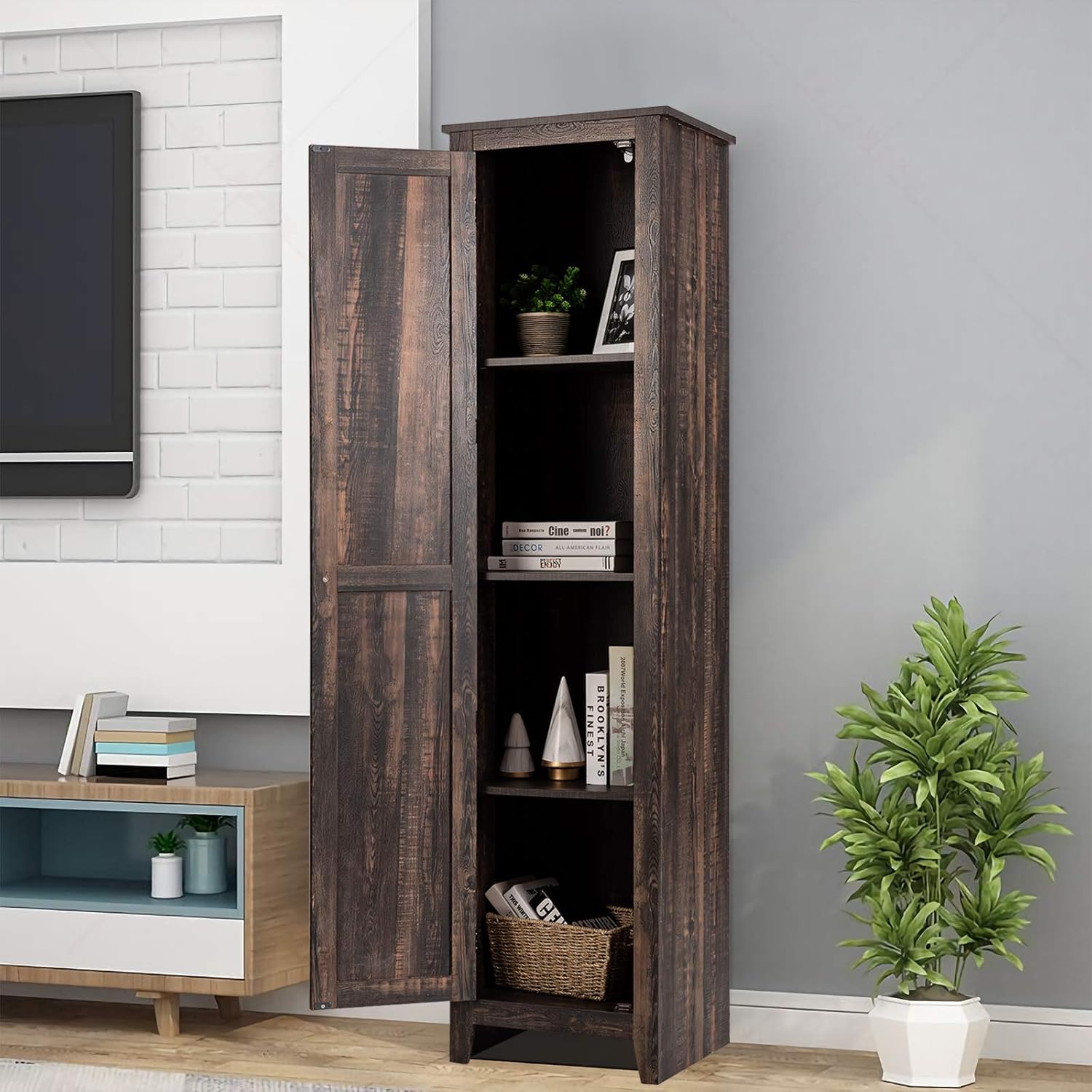 GIANTEX 183cm Hochschrank, schmaler Badezimmerschrank mit 1 Tür & 4 Ablagen, Aufbewahrungsschrank für Küche, Wohnzimmer & Badezimmer, Küchenschrank freistehend (Braun)