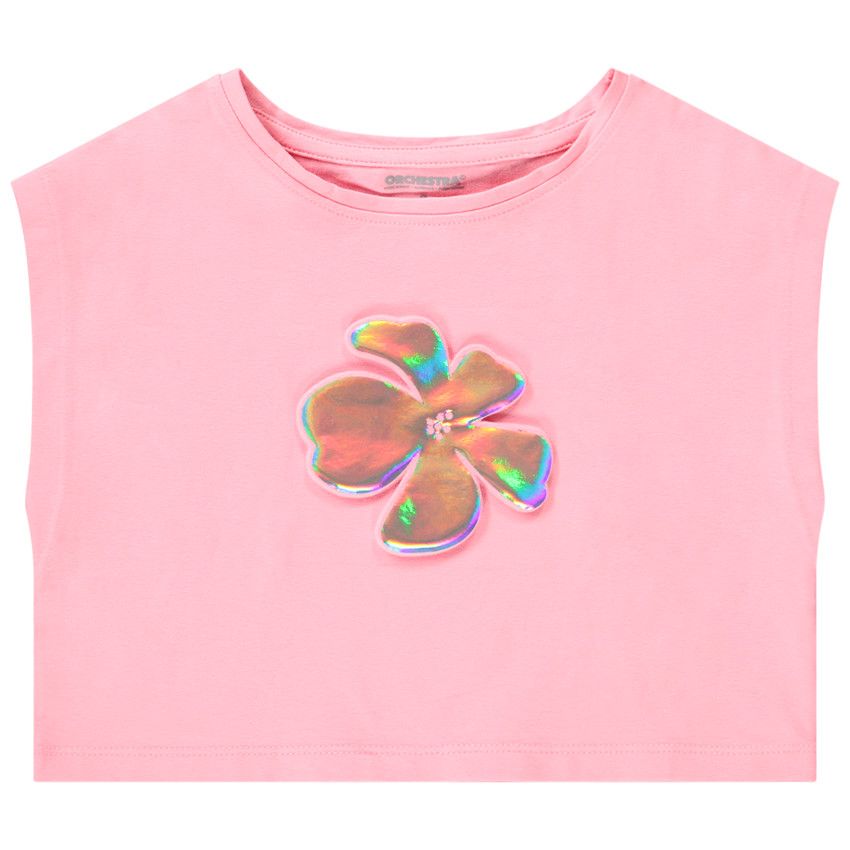 T-shirt manches courtes forme boîte print fleur embossed pour fille - Multicolore