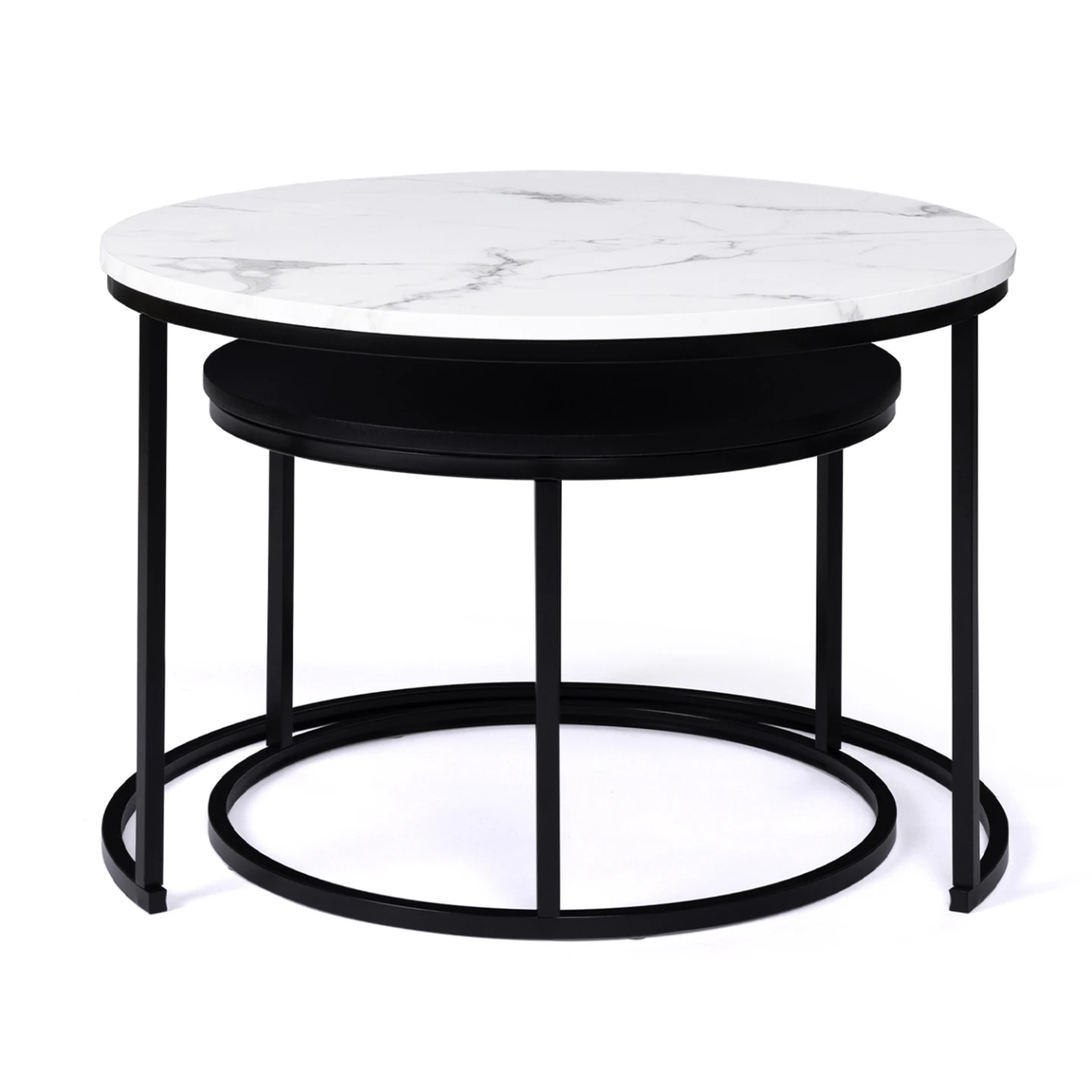 Lot de 2 tables basses gigognes ALASKA rondes 54/70 effet marbre et noir pieds métal