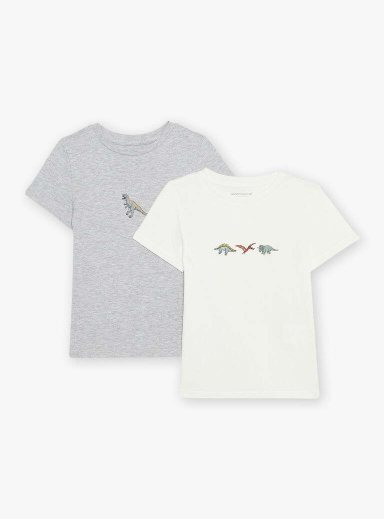2 T-shirts en coton biologique gris chiné et écrus thème dinosaures