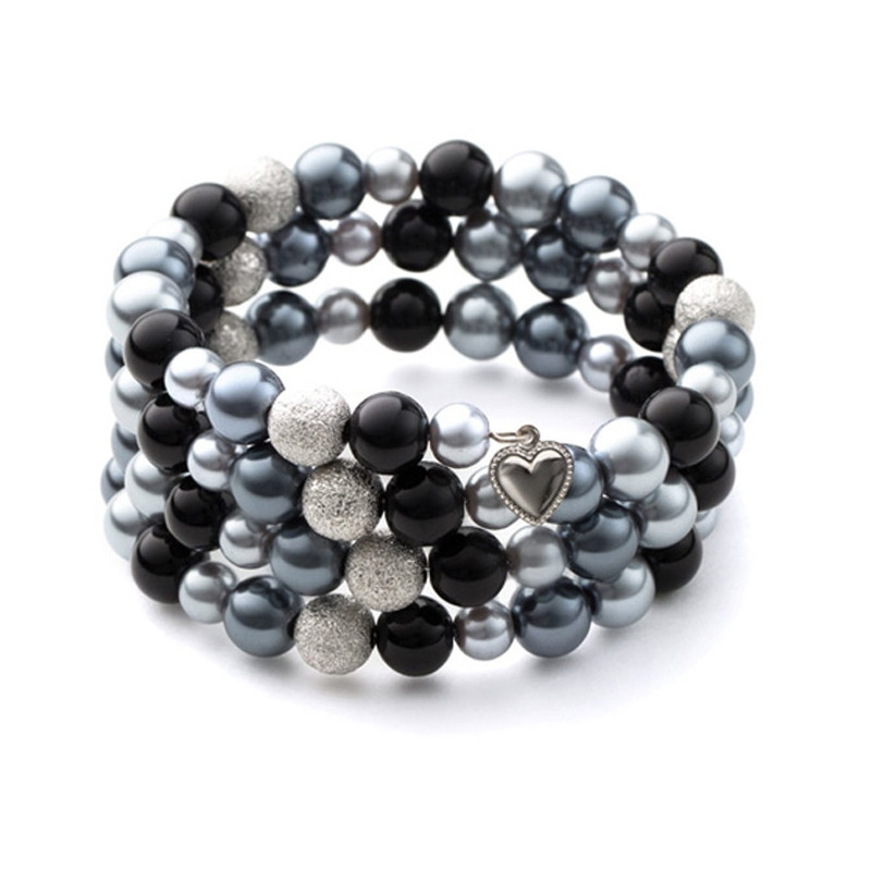 Bracelet 3 Rangs en Perles Noires et Plaqué Rhodium