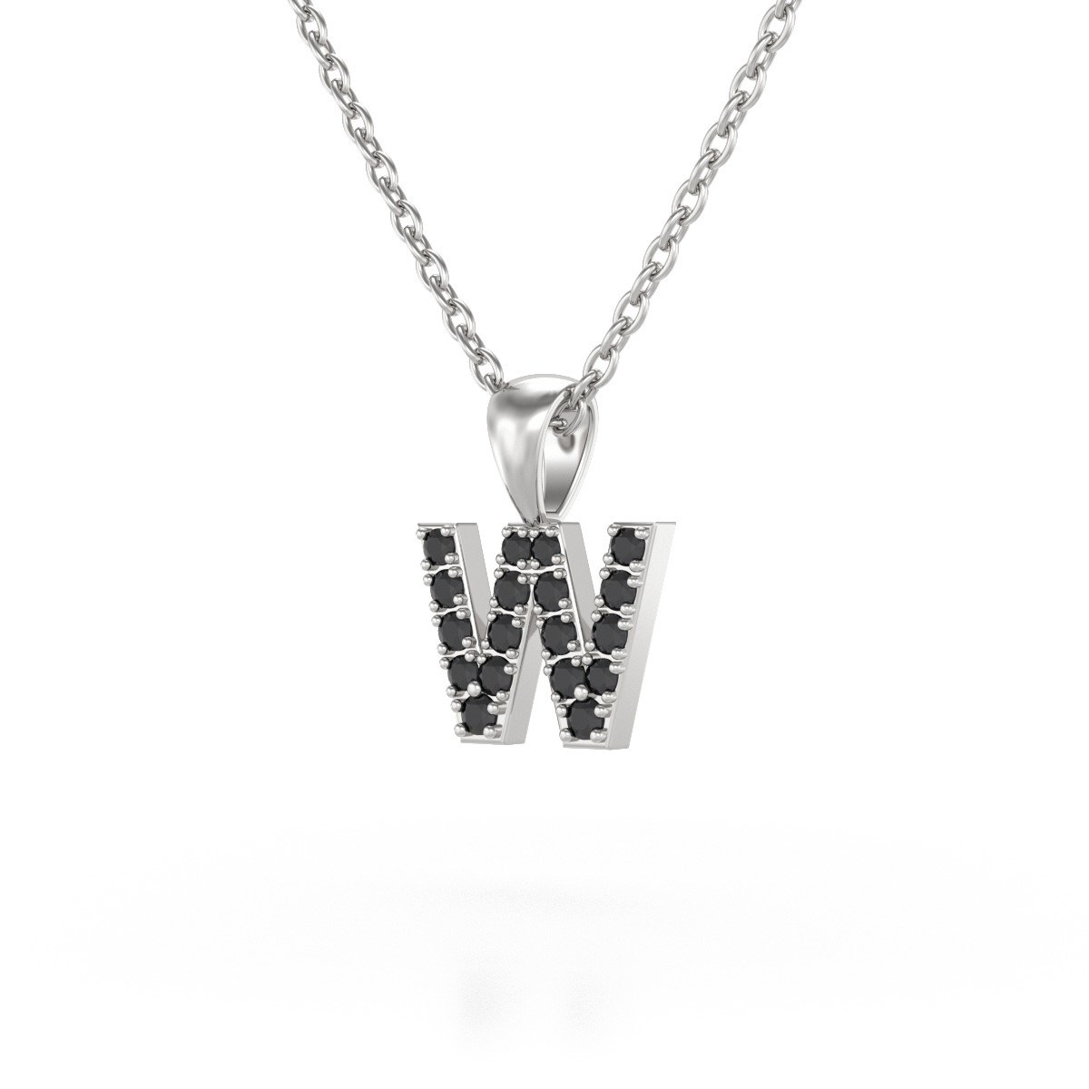 Collier Pendentif ADEN Lettre W Or 750 Blanc Diamant Noir Chaine Or 750 incluse 0.72grs