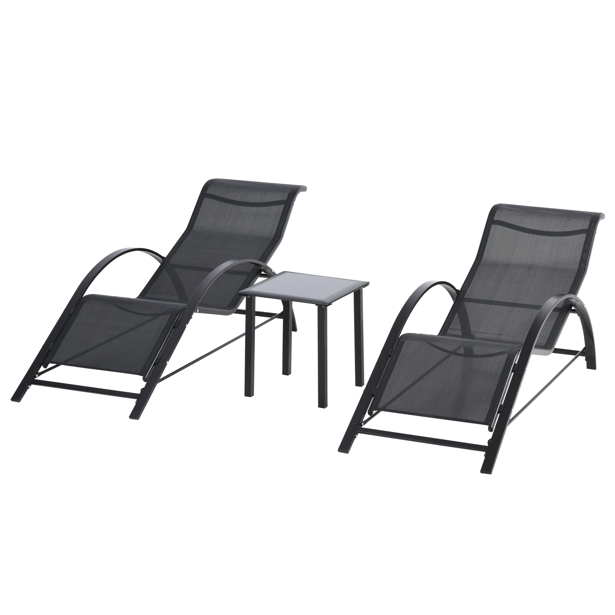 Conjunto de 2 espreguiçadeiras Outsunny para jardim, 59x169x66 cm, com mesa de centro 41x41x45 cm, apoios de braço em vidro temperado, para pátio, piscina, terraço, área externa, cor preta.