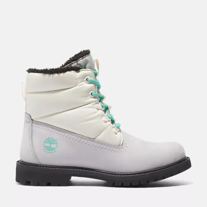 Bota Timberland Premium de 15 cm (6 polegadas) estilo puffer para mulheres, na cor cinza.