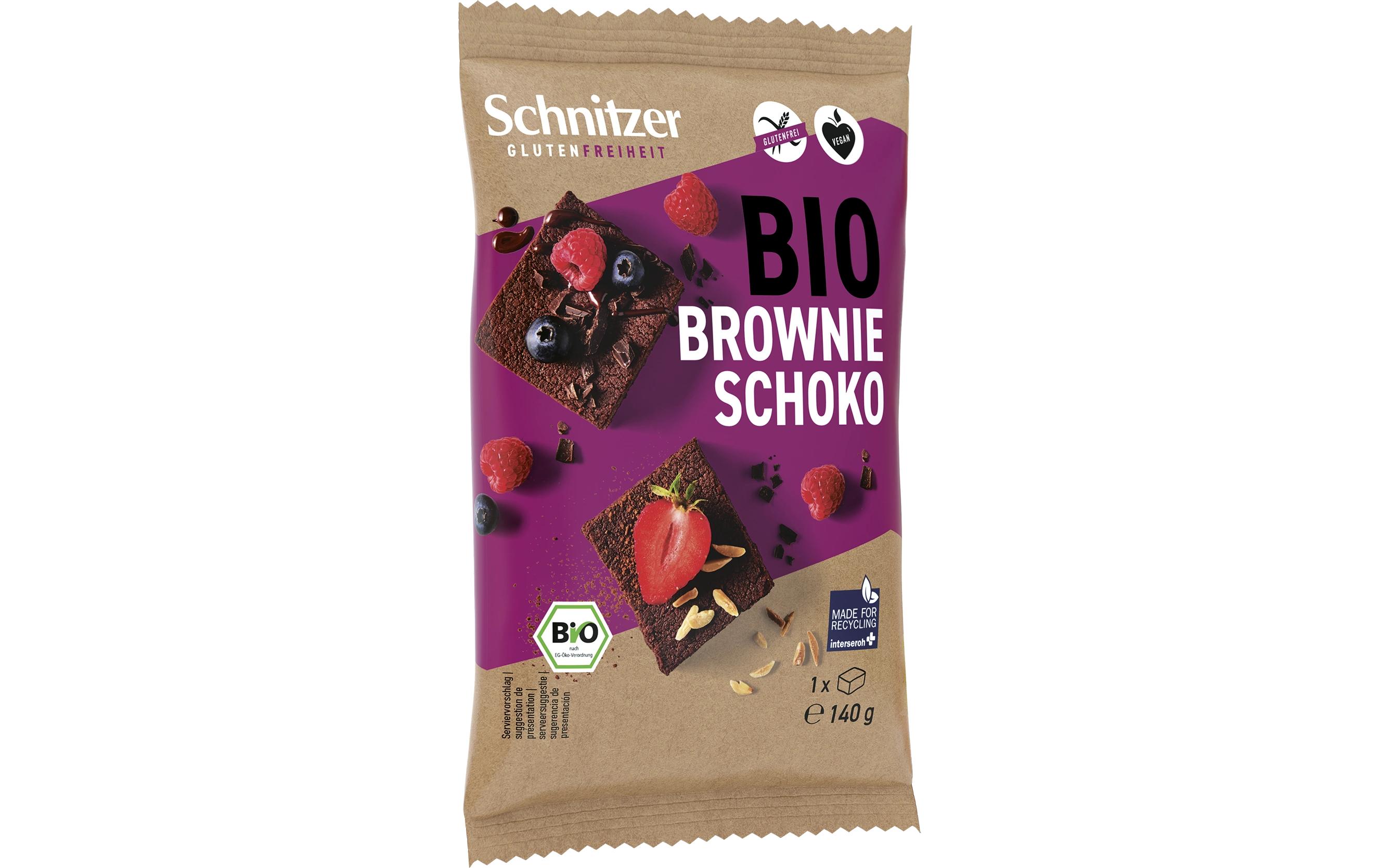 Gebäck Bio Veganer Schoko Brownie 140 gGlutenfreies, veganes Rührteiggebäck mit Zartbitterschokolade