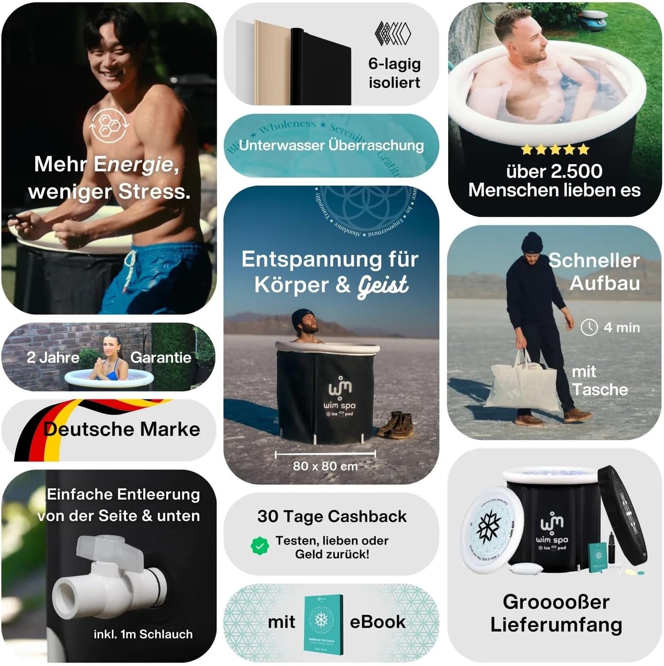 Ice Pod Pro (90×75 cm) [Das Original seit 2015] Faltbares, isoliertes Eisbad mit ThermoDome, Abdeckung, Thermometer, eBook UVM. – Mobile Kältetherapie Badewanne für Outdoor & Indoor