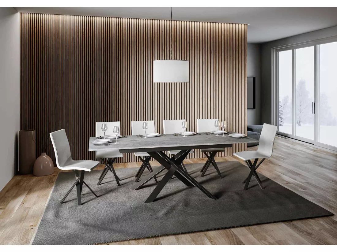 Table extensible 90x160/220 cm Ganty Gris Béton bande de chante en teinte cadre Anthracite