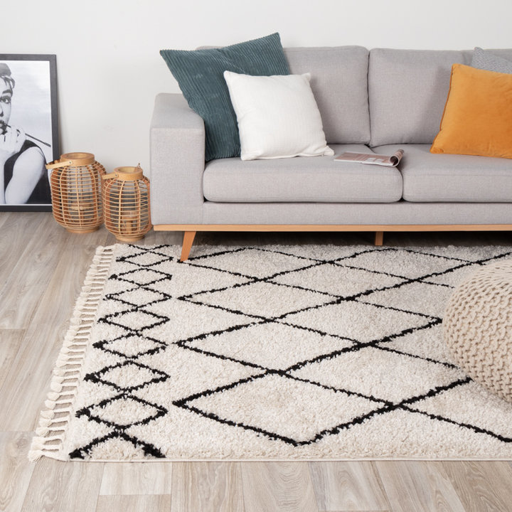 Hoogpolig vloerkleed - Grand Diamond Creme/Zwart