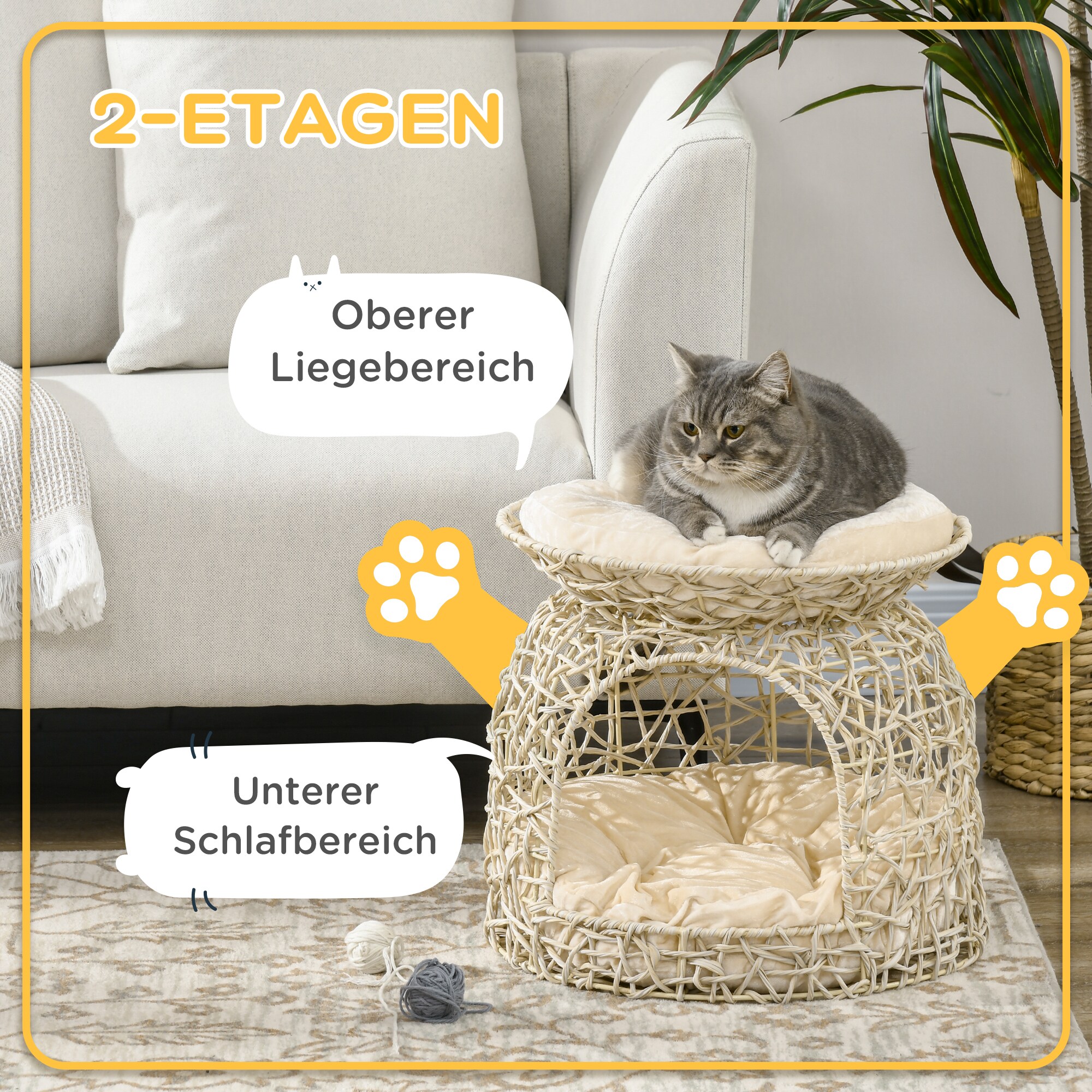 PawHut Rattan Katzenkorb mit Kissen beige 42L x 42B x 40H cm
