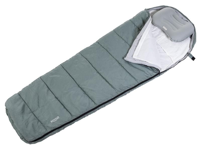 KOOR Schlafsack, Schlafsackeinlage und Reisekissen Set Grau 3-teiliges Set für Schlafkomfort unter freiem Himmel