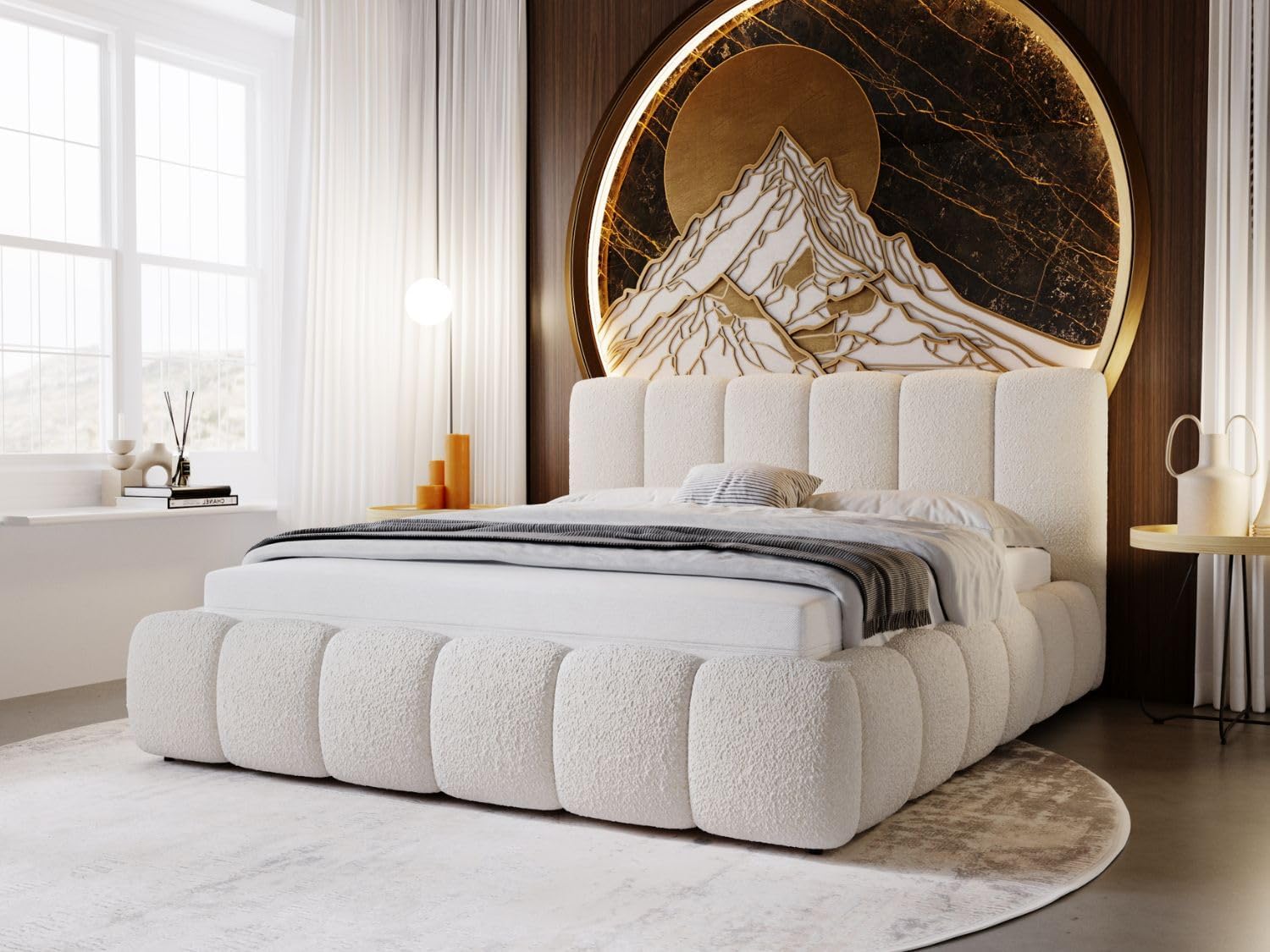 GRAINGOLD Cloud Bett 160x200, Polsterbett mit Bettkasten, Polsterbett mit Stauraum, Bouclé-Stoff, mit Lattenrost, mit Kopfteil, ohne Matratze (Beige, 160x200)