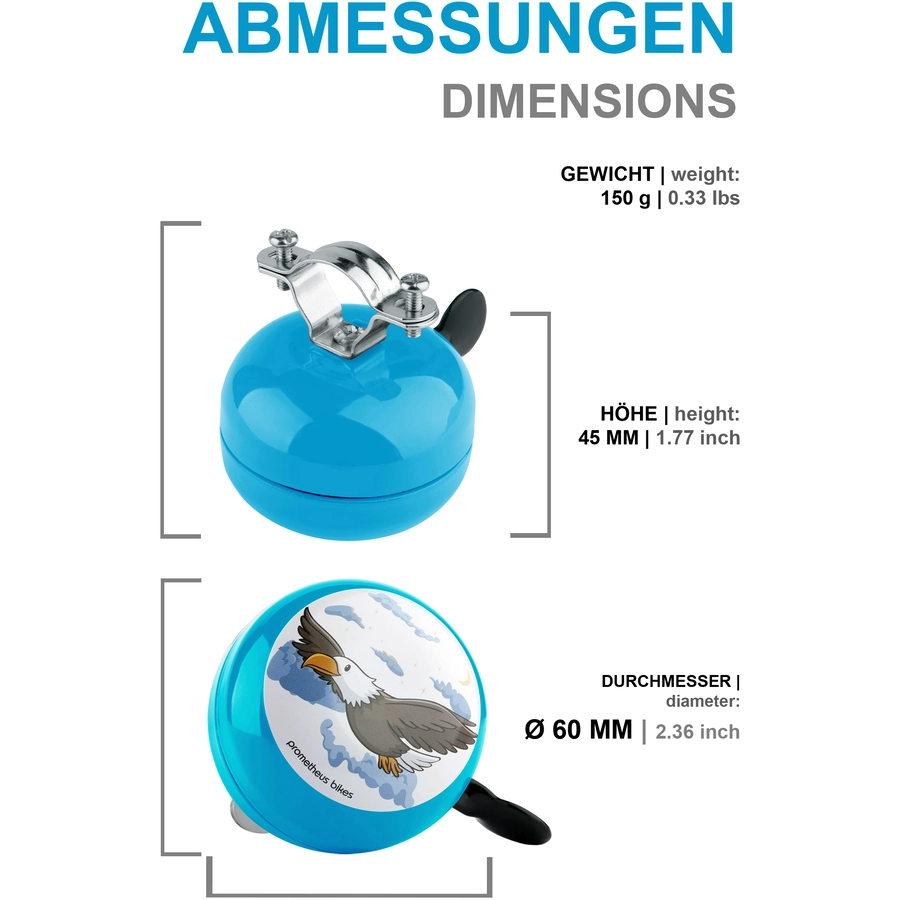 PROMETHEUS BICYCLES® Klingel für Kinder - Ding Dong Kinder-Fahrrad-Glocke - 60 mm - Links Montage, Blau