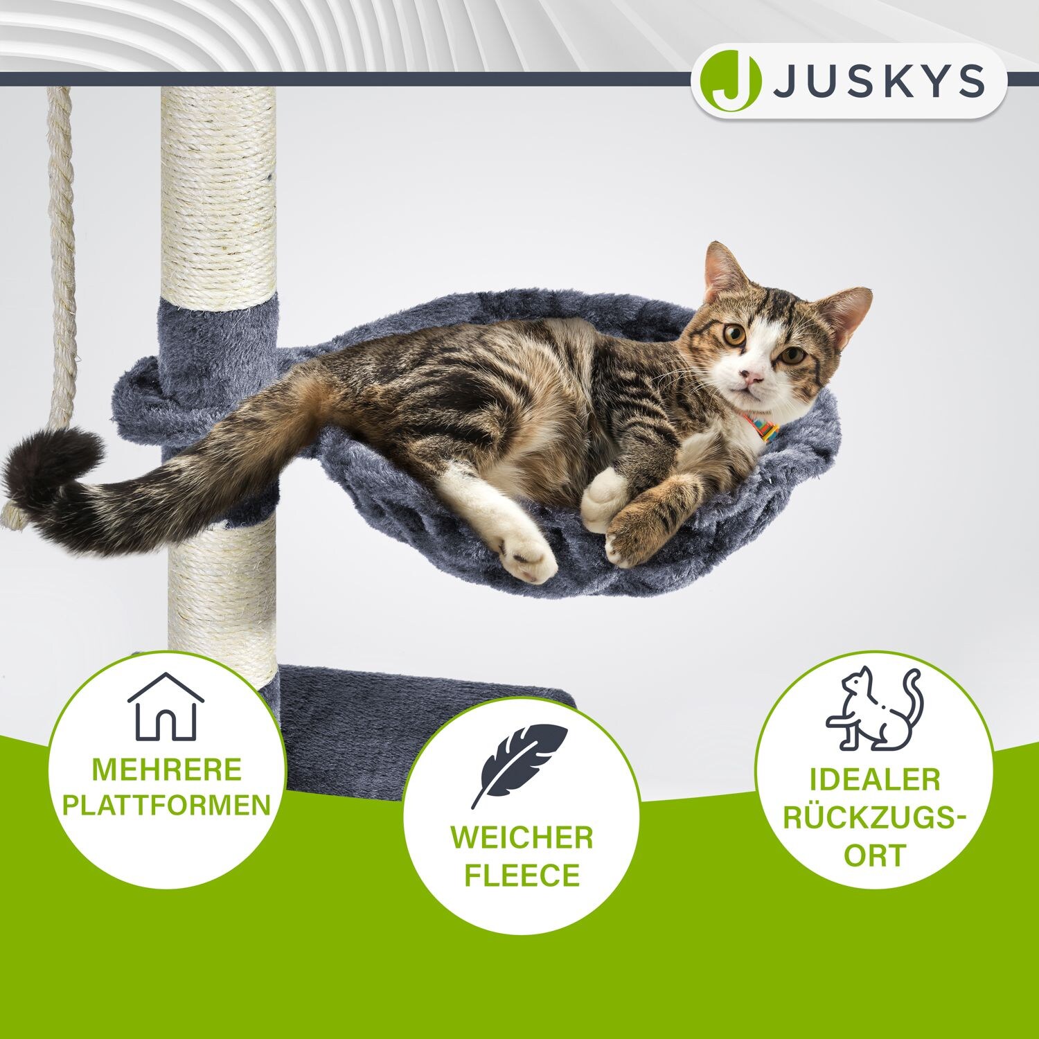 Juskys Kratzbaum Buffy grau – Katzenbaum mit Höhle, Liegemulde, Liegeflächen & Sisal-Stämme
