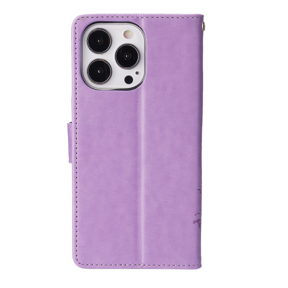 iPhone 13 Pro Leder Tasche mit Kartenfach   Handschlaufe Butterfly Flowers - Lila
