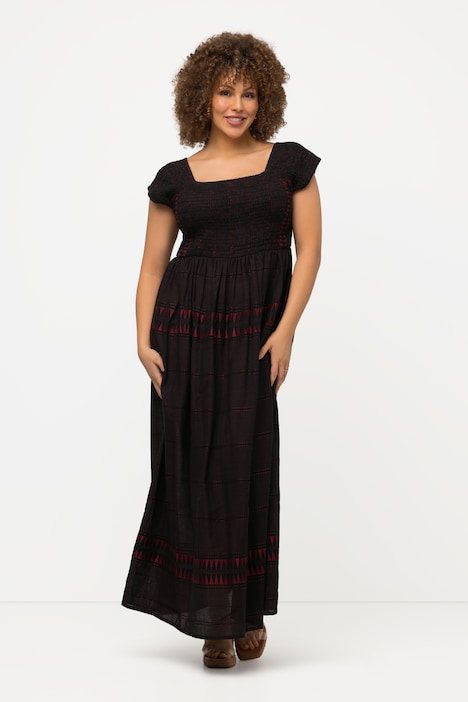 Smok-Maxikleid, Streifen, A-Linie, Carree-Ausschnitt