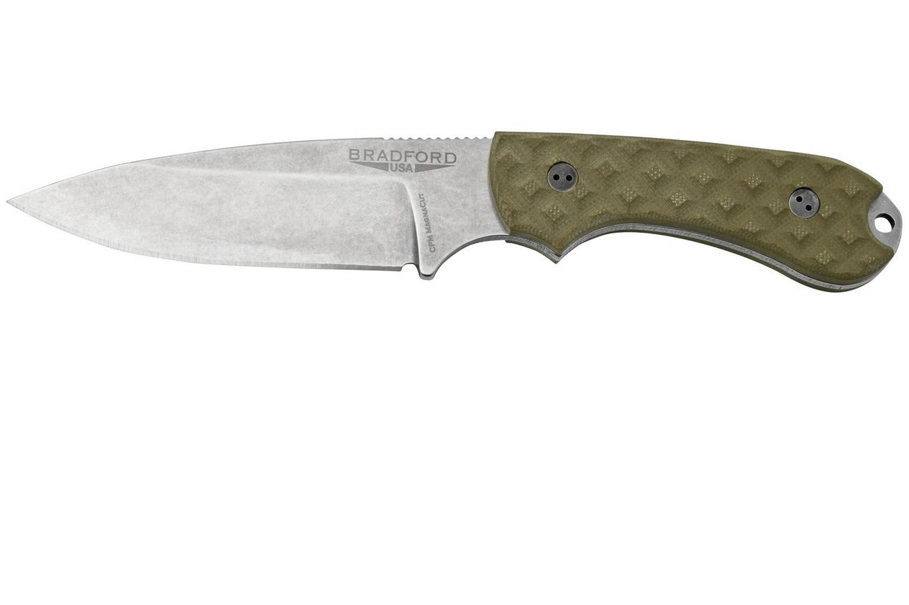 Bradford Knives Guardian 3, 32S-002-MC MagnaCut Sabre Stonewashed, Textured OD Green G10, vaststaand mes