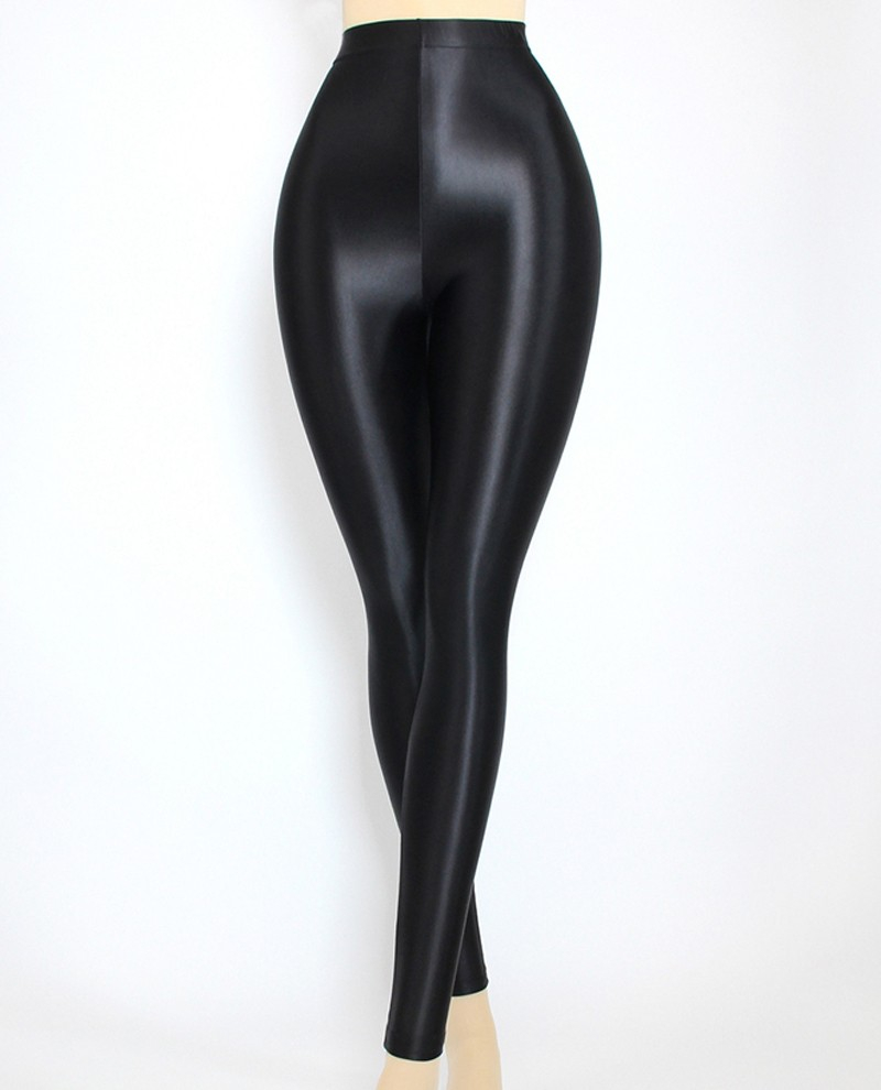 (Gr. M) Glänzende High Waist Leggings Elastische Stretch Hosen - Schwarz