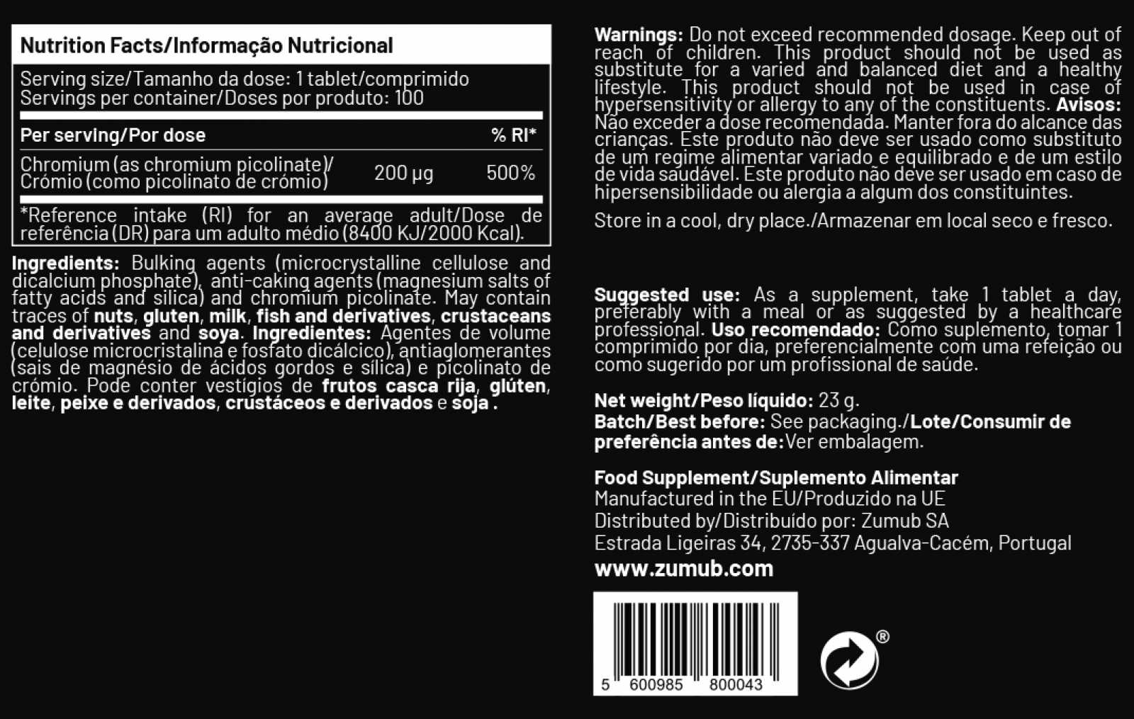 Zumub Picolinato de Cromo 100 comprimidos